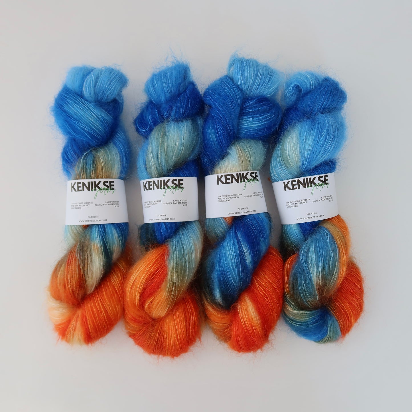 Lace Weight Superkid Mohair and Mulberry Silk Yarn 50g in colour Tangerine in Blue
