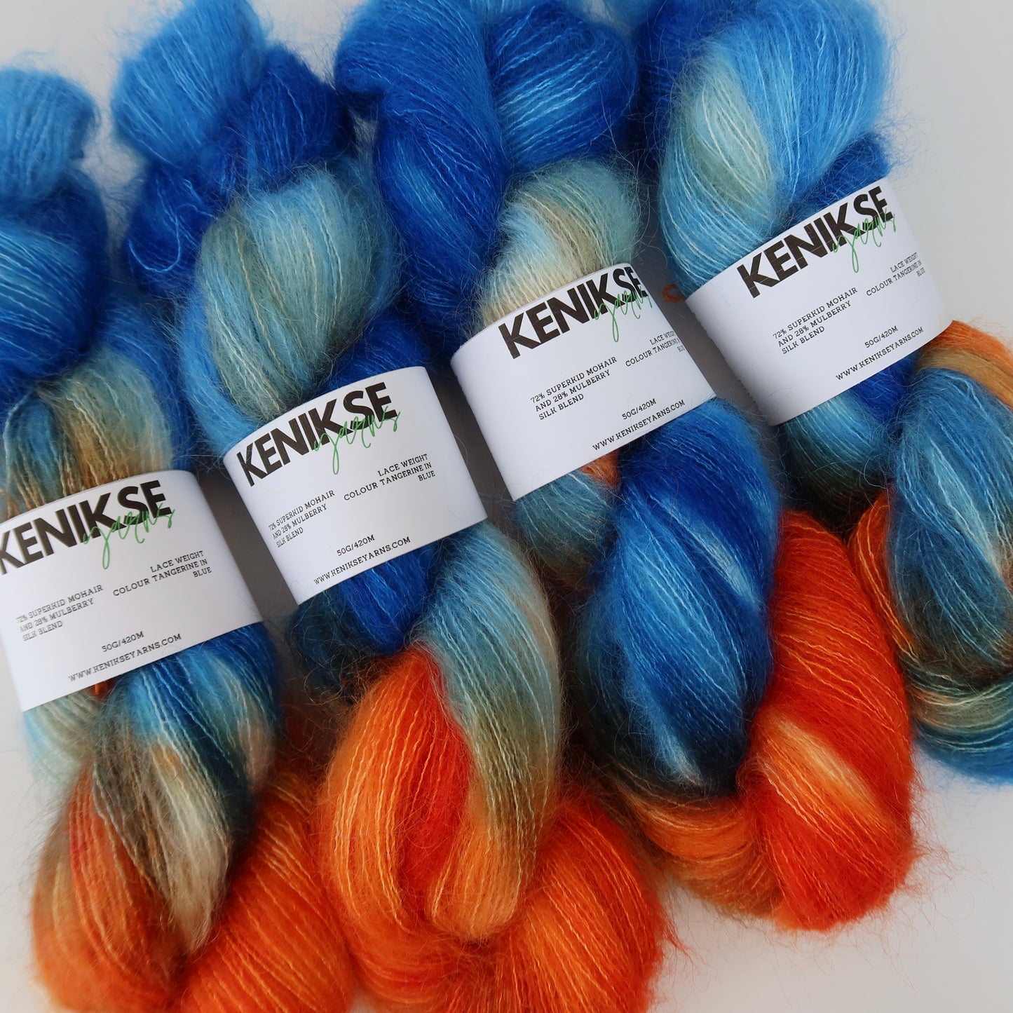 Lace Weight Superkid Mohair and Mulberry Silk Yarn 50g in colour Tangerine in Blue