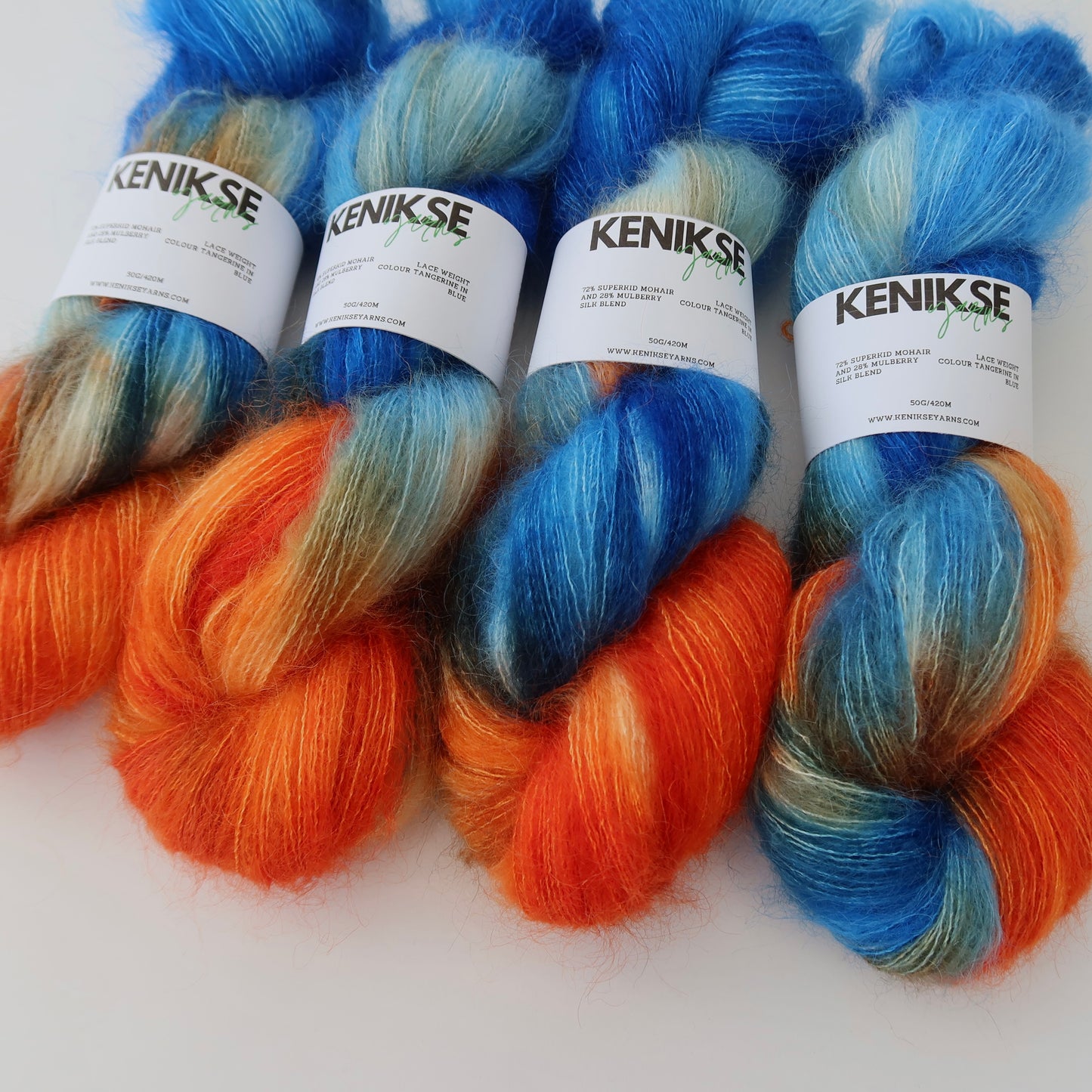 Lace Weight Superkid Mohair and Mulberry Silk Yarn 50g in colour Tangerine in Blue