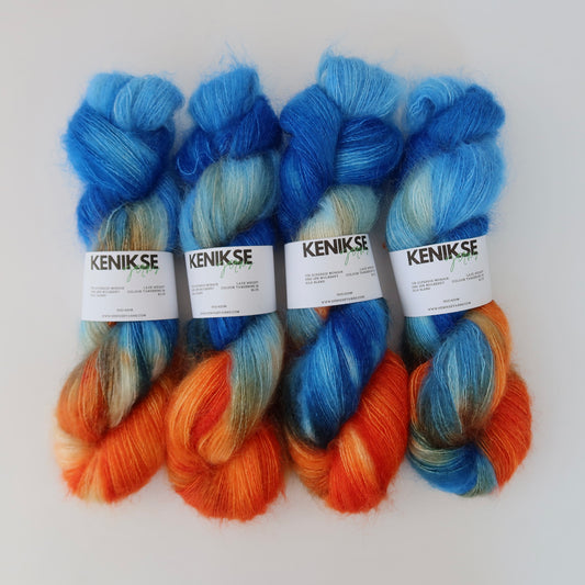 Lace Weight Superkid Mohair and Mulberry Silk Yarn 50g in colour Tangerine in Blue