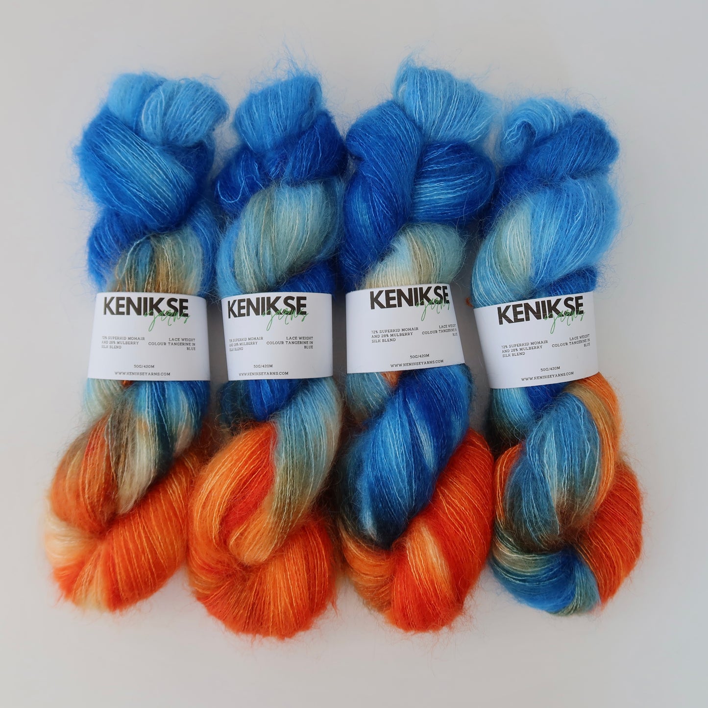Lace Weight Superkid Mohair and Mulberry Silk Yarn 50g in colour Tangerine in Blue